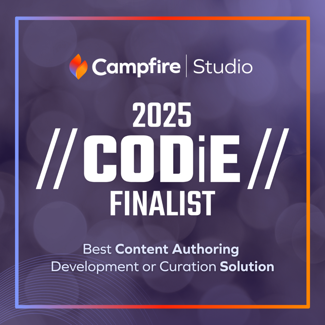 Graphic featuring the Campfire Learning logo and the text: 'Campfire Studio – 2025 CODiE Finalist – Best Content Authoring Development or Curation Solution' on a purple blurred background with an orange and blue border.
