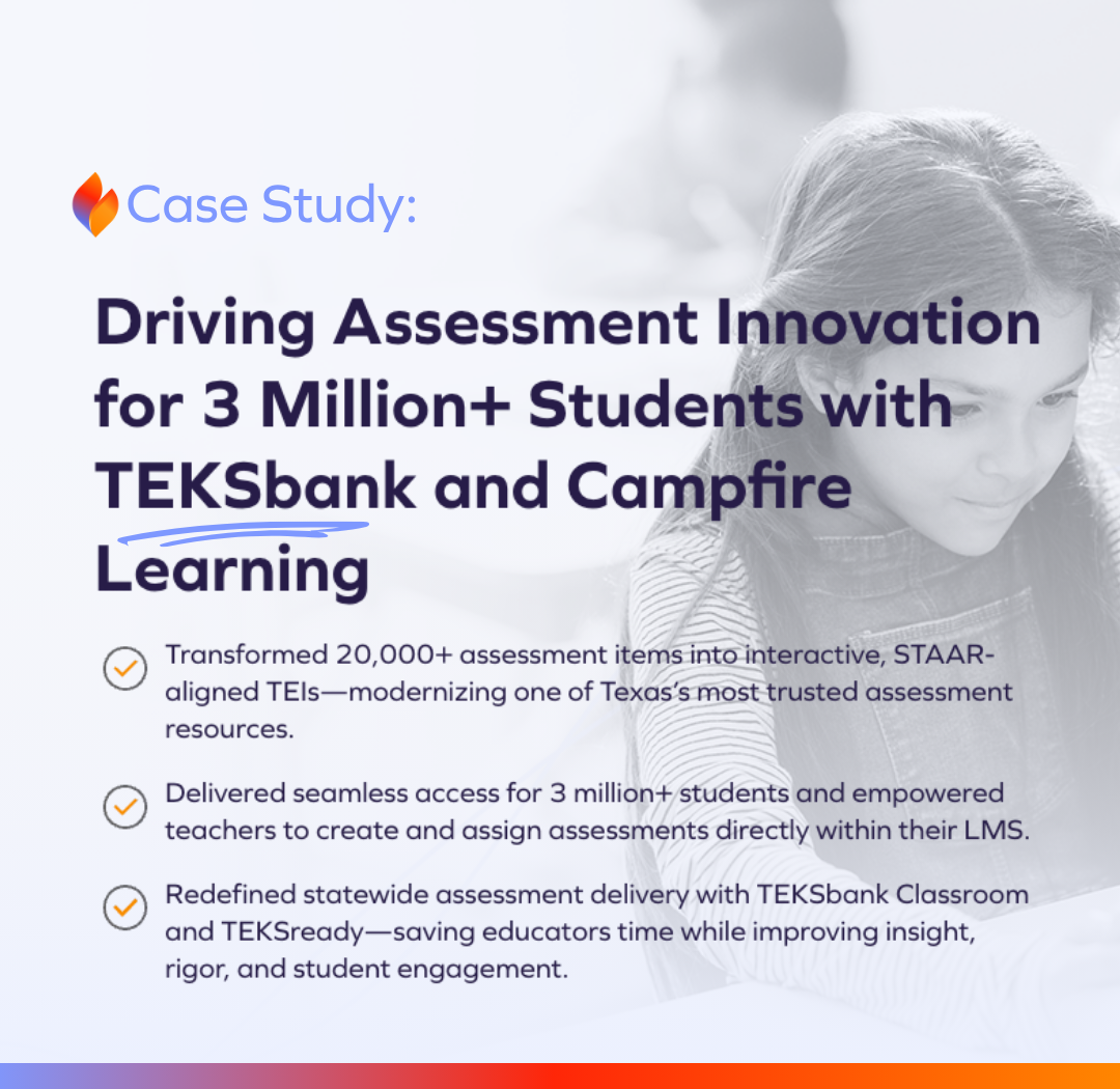 Title: Driving Assessment Innovation for 3 Million+ Students with TEKSbank and Campfire Learning Body: Transformed 20,000+ assessment items into interactive, STAAR-aligned TEIs—modernizing one of Texas’s most trusted assessment resources. Delivered seamless access for 3 million+ students and empowered teachers to create and assign assessments directly within their LMS. Redefined statewide assessment delivery with TEKSbank Classroom and TEKSready—saving educators time while improving insight, rigor, and student engagement.
